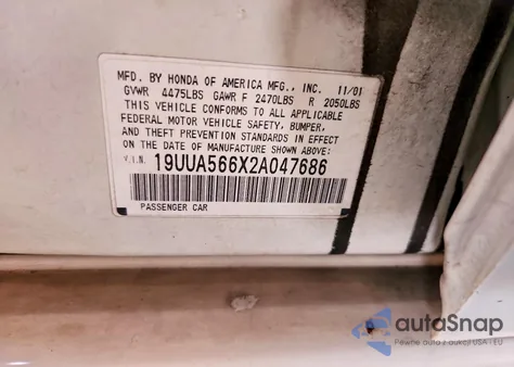 2002 Acura 3.2Tl z USA, uszkodzony, nr VIN 19UUA566X2A047686